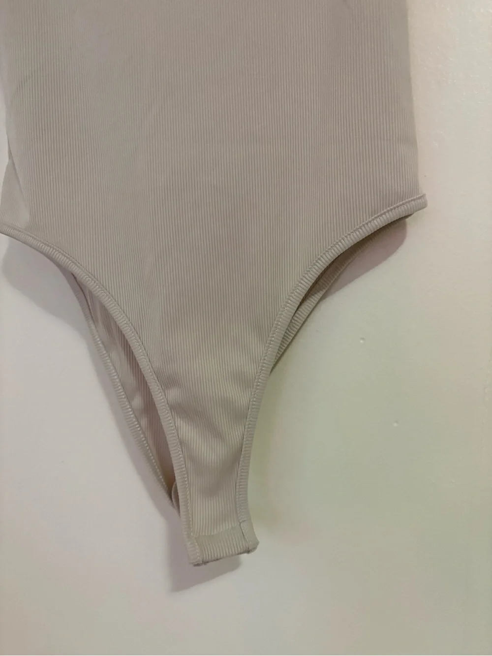 Simple Basic Cream Ribbed One-Piece Bodysuit With Square Neckline - Medium